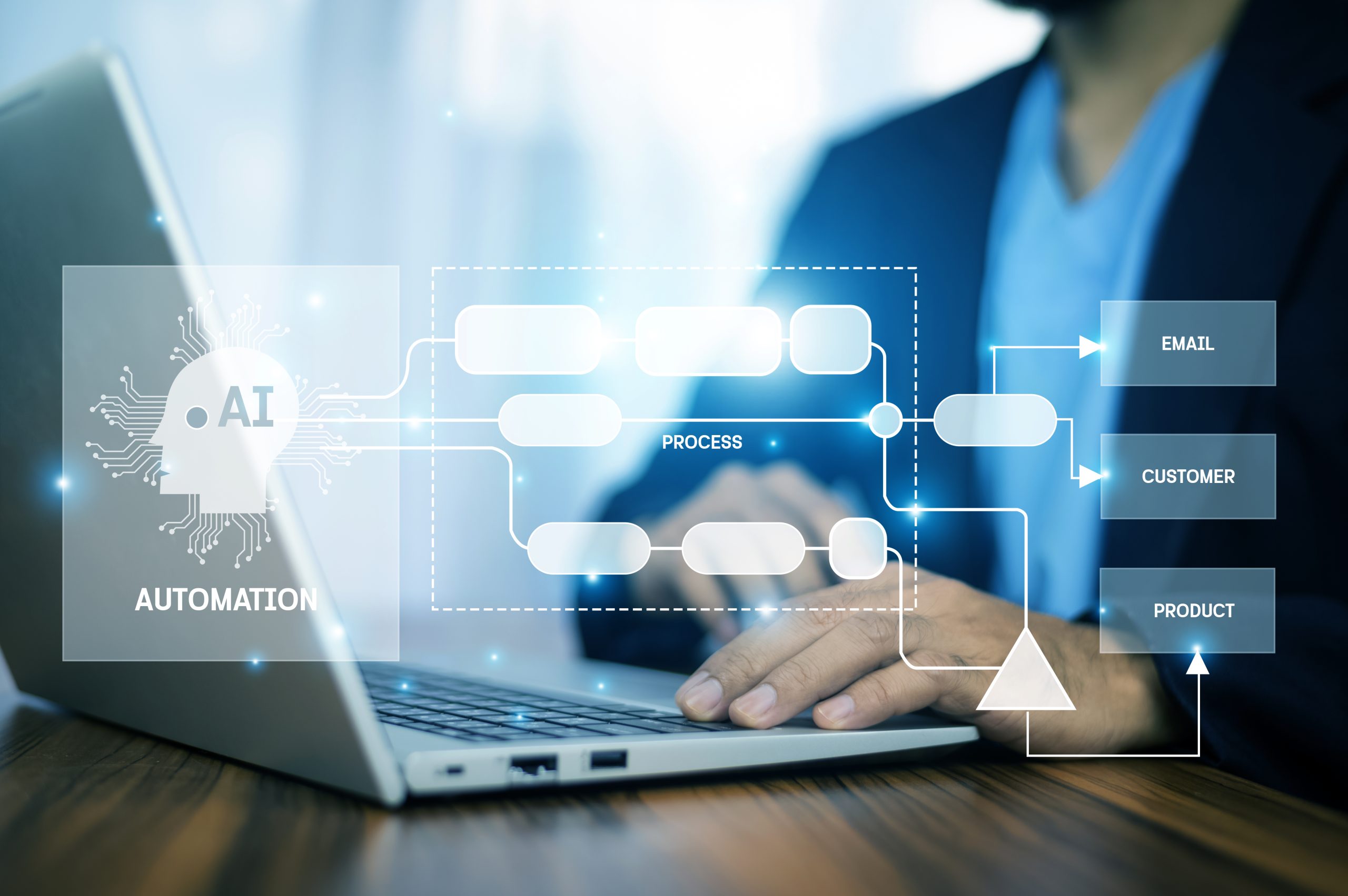 With AI automation, the businessman streamlines business processes, boosts decision-making speed, and leads transformation across all departments